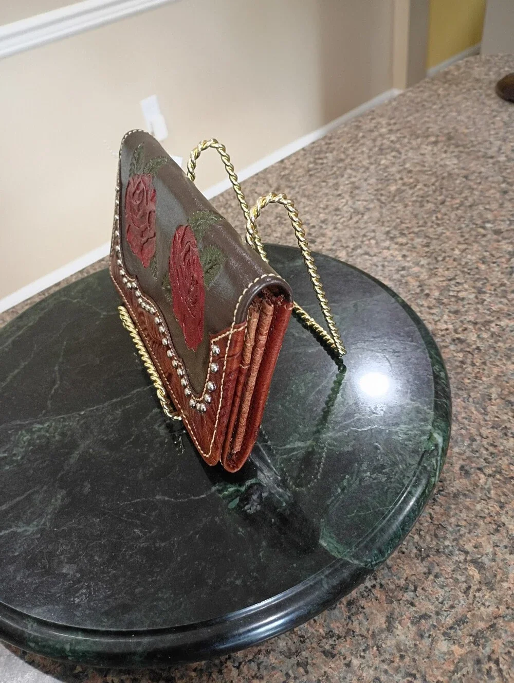 American West Handcrafted Brown Leather Clutch with Red Rose Embroidery